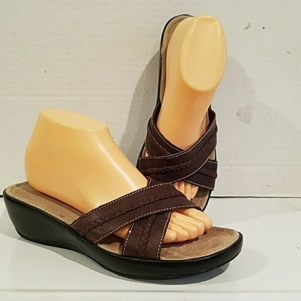 LADIES LANDS' END BROWN LEATHER SLIDE SANDALS‎
